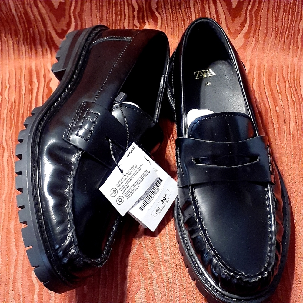 ZARA Black Shiny Loafer Shoes School Boys/Girls Footwear Kids NWT US 6